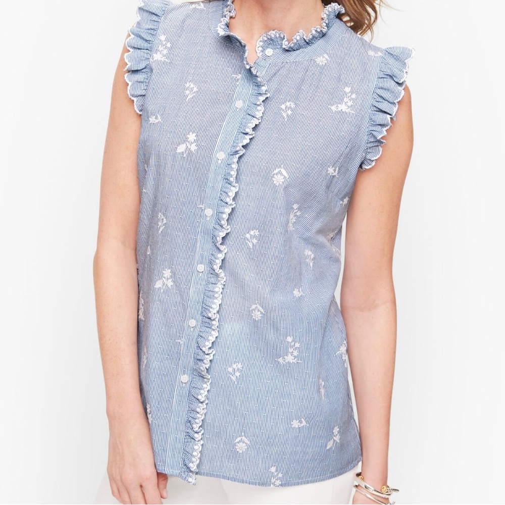 Talbots MPetite Sleeveless Striped Embroidered Ruffle Blouse Womens  Blue White